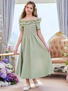 SHEIN Tween Girls Elegant Sage Green Summer Party Dress,Strapless Off Shoulder Tulle Puff Sleeve Bow Formal Short Dresses For Vacation Spring Wear - Green - View 8
