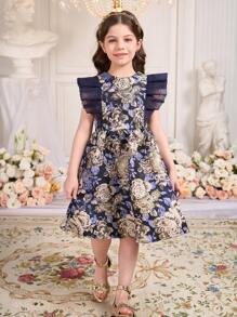 SHEIN 年轻女孩节日蕾丝网纱袖褶皱腰无袖连衣裙 - 彩色 - 查看 3