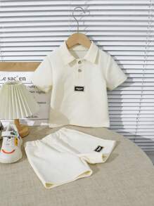 2 件套年轻男孩简约休闲短袖 Polo 衫和短裤两件套服装 - 米色 - 查看 3