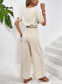 SHEIN Frenchy Set de 2 piezas con top de cuello cuadrado de color liso y pantalón largo para mujer, uso casual elegante y sencillo para uso diario - Albaricoque - Ver 2