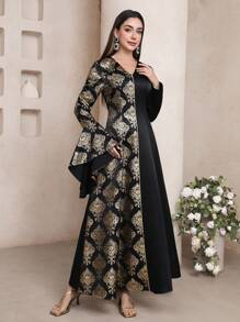 Al Najma Women's Elegant Foil Floral Print Flare Sleeve Arabic Style Dress, Arabian Dresses,Modest - Multicolor - View 8