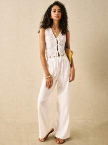 Poéselle Bộ đồ hai mảnh thêu ren màu trơn đơn giản cho kỳ nghỉ của phụ nữ Bộ đồ hai mảnh màu trắng Bộ đồ thêu Áo ren ngắn Bộ đồ nữ Quần ống rộng Váy cưới cho phụ nữ Trang phục tiệc trà Áo ba lỗ cho phụ nữ Quần rộng thùng thình và áo sơ mi dễ thương Trang phục hòa nhạc đồng quê - trắng - Xem 6