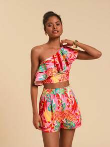 Travachic 2pcs Women's Tropical Print Asymmetric Shoulder Top And Shorts Set - Hot Pink - View 5