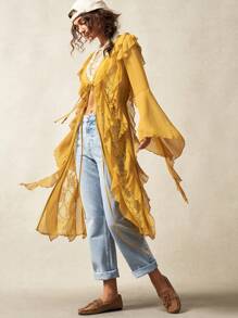 Bohemela Vestido mini BOHO para mujer con mangas acampanadas, nudo delantero y encaje de contraste con volantes, ropa bohemia chic, ropa de mujer bohemia