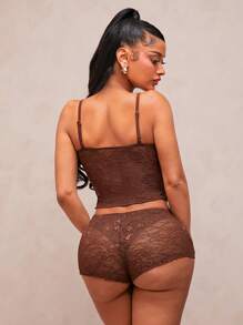 SHEIN SXY Spring And Summer Pure Brown Sexy See-Through Lace Suit Lace Camisole + Lace Shorts Hot Pants 2 Pieces Set Home Wear/Night Date Wear - Brown - View 2