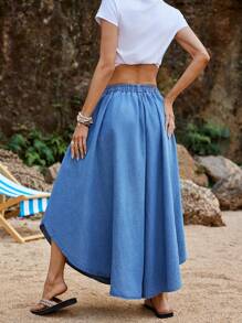 SHEIN VCAY Women's Baggy Jeans Aqua Blue Summer Boho Vacation Holiday Casual Loose Pants Beach Rave Festival Low Rise Flowy Skorts Western Wear Y2k Spring - Medium Wash - View 2
