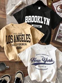 SHEIN 3-Pack Tween Boys Casual Simple Round Neck Short Sleeve T-Shirts, Suitable For Summer, BROOKLYN, NEW YORK, LOS ANGELES - Multicolor - View 1