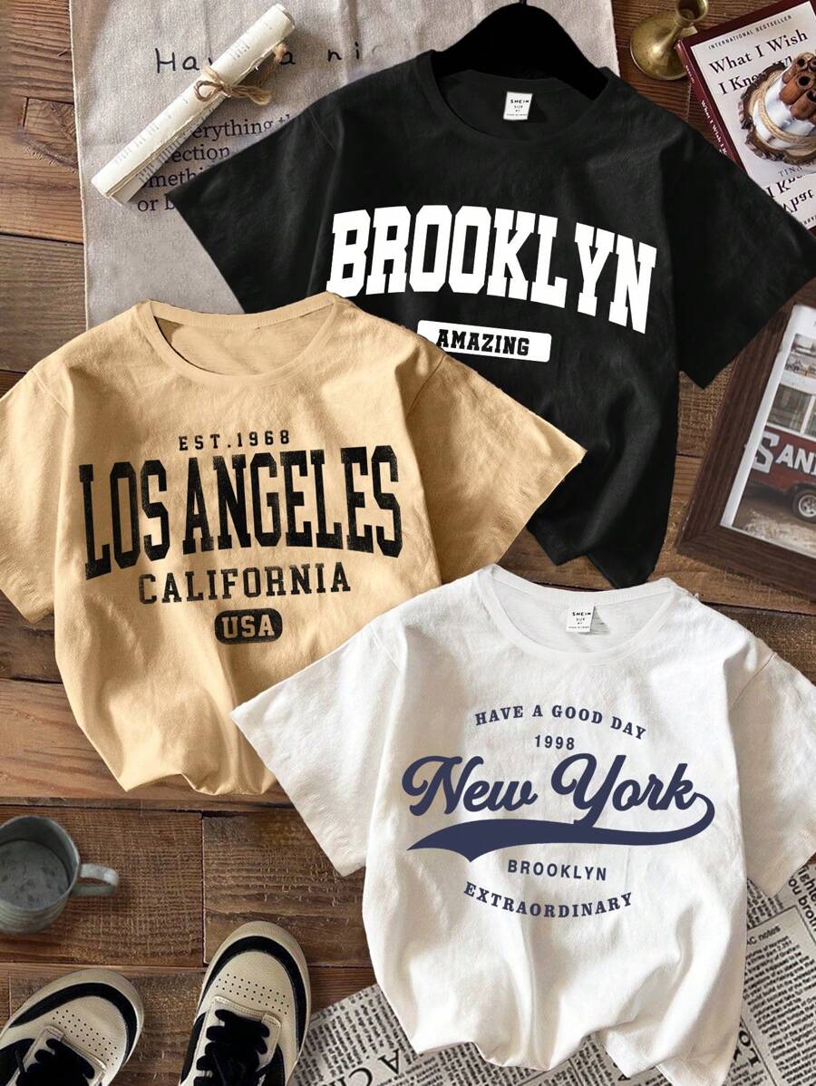 SHEIN 3-Pack Tween Boys Casual Simple Round Neck Short Sleeve T-Shirts, Suitable For Summer, BROOKLYN, NEW YORK, LOS ANGELES - Multicolor - View 1