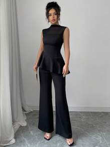Chiquease Áo crop top lưới mỏng không tay viền bèo nhún thanh lịch & gợi cảm, quần dài lưng thun màu đen giản dị, bộ đồ công sở 2 món cho nữ - màu đen - Xem 6