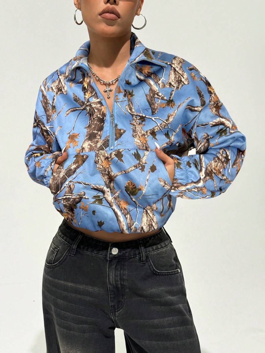 StreetHx 女式复古树叶印花半拉链开口落肩长袖运动衫，街头风格，适合秋冬套头衫 - 彩色 - 查看 1