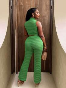 BamGleam A Two-Piece Green Semi Transparent Women's Sweater Set, A Casual And Sexy Spring And Summer Women's Clothing That Meets Basic Travel Needs - Green - View 2