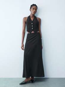 Maija 女式 V 领修身腰部西装背心和长裙，现代都市百搭春夏商务休闲装，黑色两件套 - 黑色 - 查看 3