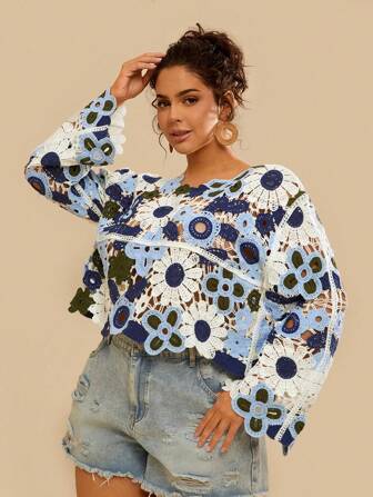 Travachic Plus Size Women Tropical Flower Crochet Patchwork Casual Loose Fit Long Sleeve Blouse In Fall/Winter