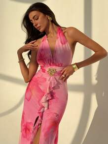 Aloruh Ropa de mujer con estampado de malla floral sexy con escote profundo en V, cuello halter, tirantes, abertura larga y volantes para el Día de San Valentín