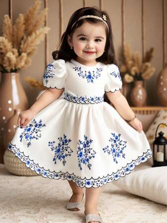SHEIN Baby Girl 0-3 Yrs Elegant Vacation Puff Sleeve Blue And White Chiffon Dress, Spring/Summer, Filipiniana Terno