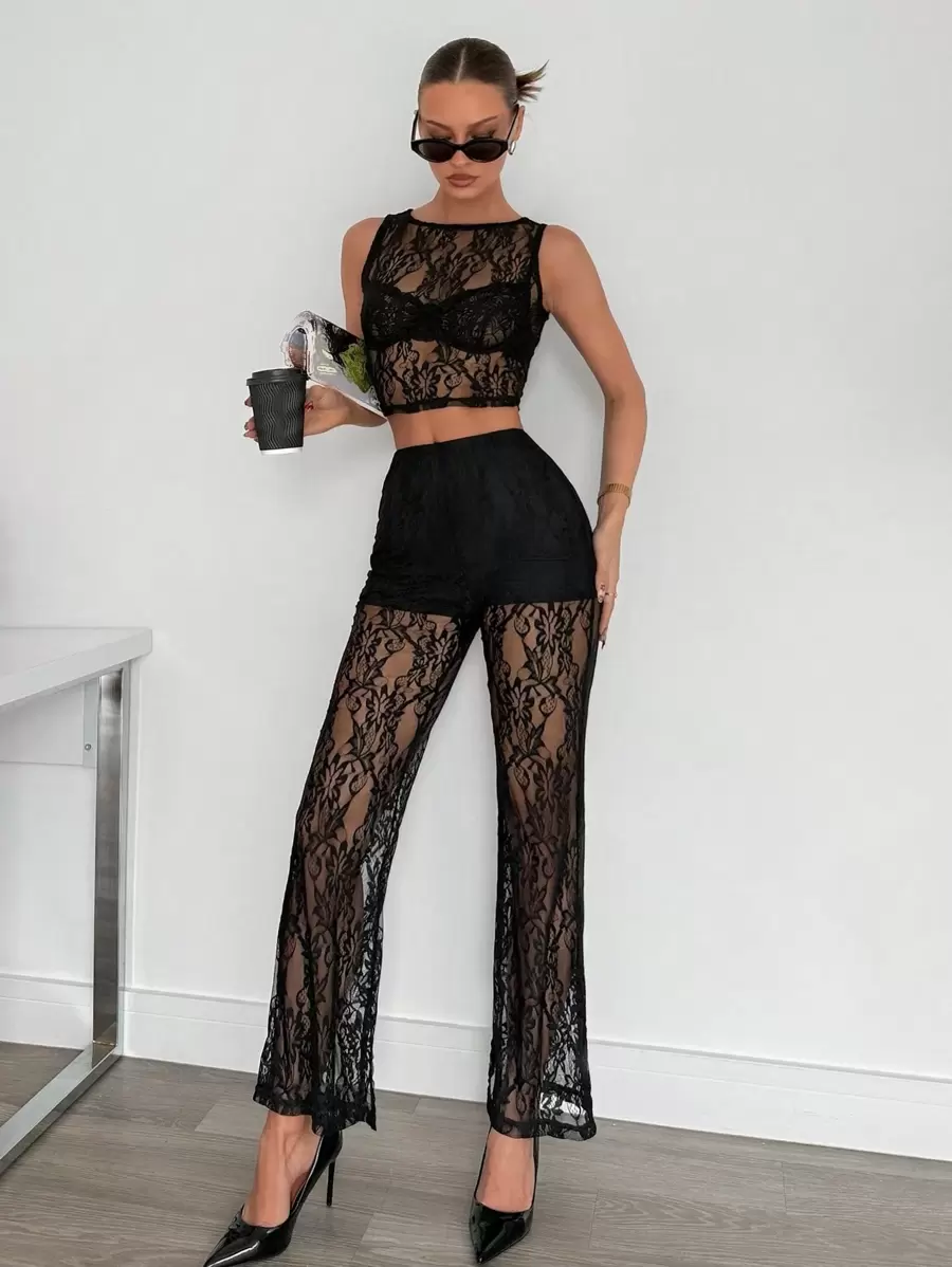 Siren Gaze 黑色上衣 + 裤子套装蕾丝上衣 + 高腰喇叭蕾丝针织裤，2 件套女士套装黑色网眼透明蕾丝提花性感派对装，女士 2 件套 - 黑色 - 查看 1