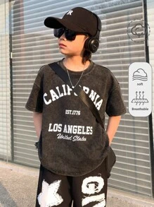 SHEIN Tween Boy Fashion Casual Y2k Gray And Black Denim Hipster Cool Monogram Design Off Shoulder Short Sleeve Street Hipster Snow Texture T-Shirt For Boy Soft Dailywear And The Spring And Summer Kids Clothes - Grey - View 5