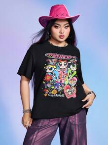 THE POWERPUFF GIRLS X SHEIN Plus Size Summer Loose Blossom, Bubbles, Buttercup Pattern T-Shirt