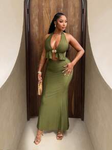 BamGleam Women's Solid Color Ruffled Hem Deep V-Neck Halter Tank Top & Fishtail Mini Skirt Sexy 2 Pieces Set