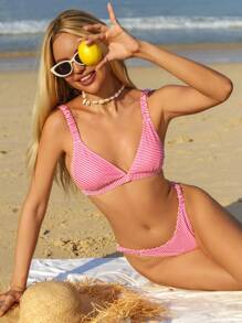 Swim Vcay Women's Two-Piece Swimwear Red And White Stripe,Summer,Casual,Beach,Vacation,Holiday Strap Top And Side Pleated Swim Bottom Striped Summer Outfits - Pink - View 4