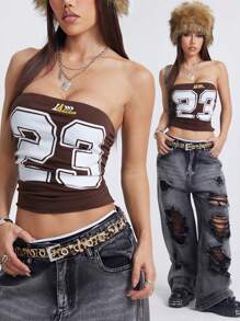 Coolane Women's Spring/Summer Streetwear Sport Game Day Number Pattern Ruched Tube Top - Coffee Brown - View 6