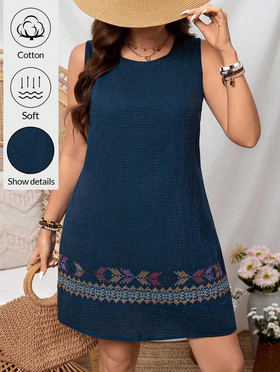 SHEIN LUNE Plus Size Summer Casual Beach Holiday Linen Textured Apricot Sleeveless Tank Dress For Women Summer Outfits For WomenVacation Outfits Woman Vacation Dress Boho/Bohemian,Resort Dresses, 
 Outdoor Essential For Daily Wear Sundress Dresses For Women Elegant Women Mini Dresses