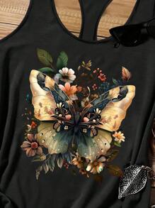 SHEIN LUNE Plus Butterfly Print Tank Top - Black - View 3