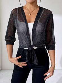 SHEIN Clasi Elegant Women's Silver Thread Black Casual Lightweight Top, Versatile For Daily Wear, Spring/Summer