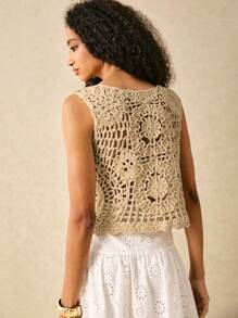 Poéselle Cutout Knitted Embroidered Vest Top, Tan, Crochet Top, Casual Top, Cute, Beach Wear, Spring Break, Floral Top, Boho Women's