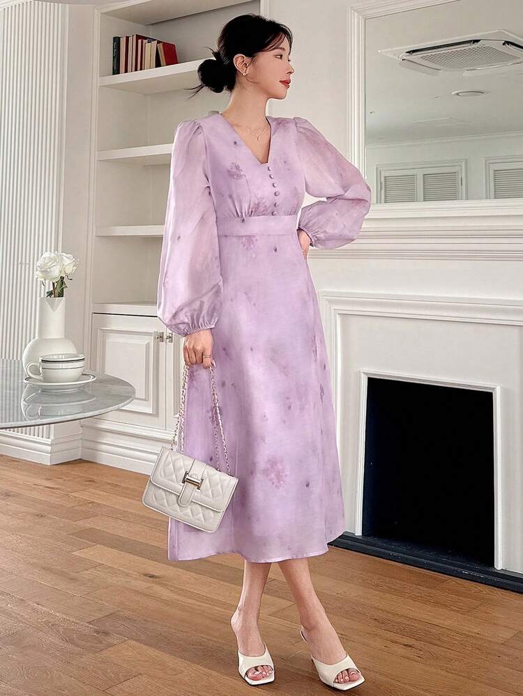 Women's Floral Print High Waist V-Neck Fall Dress Long Sleeve Dress
