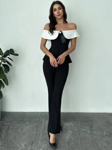 Firerie Women's Spring And Summer Elegant Romantic Fashion Commuter Sexy Fashion Office Women's Off ShoulderTop + Pants Black And White Two Pieces Set, Vacation Wear, Romantic Dating And Wedding Birthday Women's Clothes, Easter Women's Clothes, Banquet Women's Clothes, Music Festivals