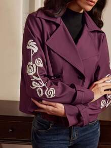 Anewsta Abrigo estilo gabardina de mujer con pantalones cortos bordados, diseño "Old Money" para primavera/otoño - Rojo violeta - Ver 2