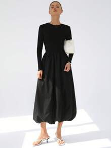 Aveloria Modichic Black Fashion Elegant Minimalist Design Versatile New Mixed Material Round Neck Cinched Waist Puff Hem Splicing Long Sleeve Dress For Women