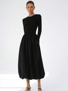Aveloria Modichic Black Fashion Elegant Minimalist Design Versatile New Mixed Material Round Neck Cinched Waist Puff Hem Splicing Long Sleeve Dress For Women