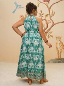 Travachic Vestido largo de camiseta de lino estilo bohemio, casual y retro, de talla grande, con estampado tropical para vacaciones en la playa para damas - Verde - Ver 2