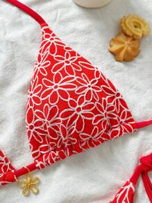 Swim Mod 2件套春假夏季度假粉色花卉纹理吊带侧系带比基尼泳装 - 紅白色 - 查看 3