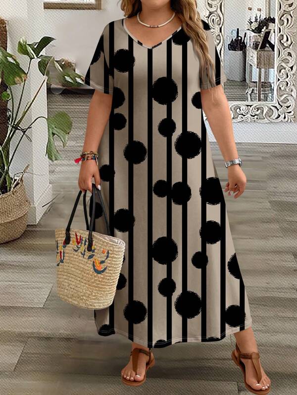 EMERY ROSE Plus Size Women's Casual Polka Dot V Neck Short Sleeve Dress, Suitable For Summer