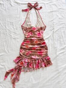 Soleia Women's Summer Vacation Dress, Pink Ruffle Halter Mini Dress, Beach Resort Dress,Vacation Outfits Woman - Multicolor - View 2