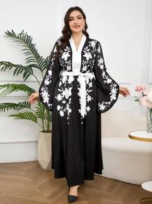 Veilorie Plus Floral Print Flounce Sleeve Belted Dress - Apricot - View 6