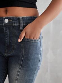 Tween Girl Retro Washed Denim Flared Jeans, Casual & Fashionable Design - Dark Wash - View 5