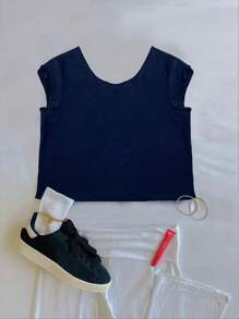 SHEIN EZwear Camiseta corta con gráfico de letras - Azul Marino - Ver 2