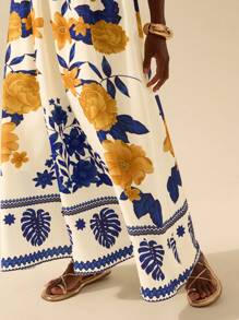 CAJUNI Women's Boho Tropical Color Print, Halter Ultra Long Dress, Summer Casual, Beach Holiday Dress