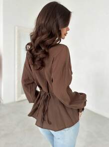 Firerie New Linen-Like Cool Fabric Twisted Tie Drop Shoulder Shirt - Coffee Brown - View 4