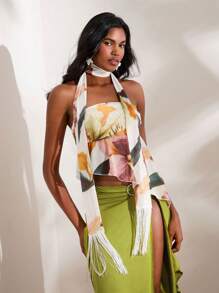 Opulessa 针织网眼印花不对称下摆女式背心 - 白色 - 查看 3