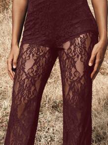 Opulessa Pantalones largos de mujer con cintura alta, con volados y encaje, ideales para vacaciones