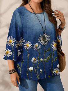 EMERY ROSE 女式加大码花卉图案宽松圆领 3/4 袖衬衫，春夏季休闲装