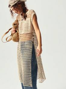 Bohemela 女士假日休闲纯色侧开衩镂空针织连衣裙 - 黃色 - 查看 5