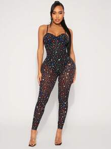 SHEIN SXY Sexy Sheer Mesh Black Jumpsuit For Spring/Summer, Fitted Jumpsuit With Colorful Gem & Diamond All-Over Print, Suitable For Daily Outings, Dates, Nightclubs, Parties, Birthdays, Music Festivals - Multicolor - View 5