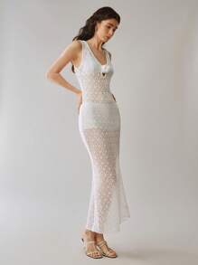 SHEIN LUNE Knitted Hollow Three-Dimensional Flower Elegant Sexy Fishtail Vest Dress - White - View 3