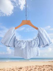 SHEIN EZwear Damen Lässig einfarbige gestrickte Bluse mit quadratischem Ausschnitt und kurzen Ärmeln, tailliert geschnitten, Valentinstag/Feiertag, Sommermode Frühling für Damen Streetwear für Damen Strandmode